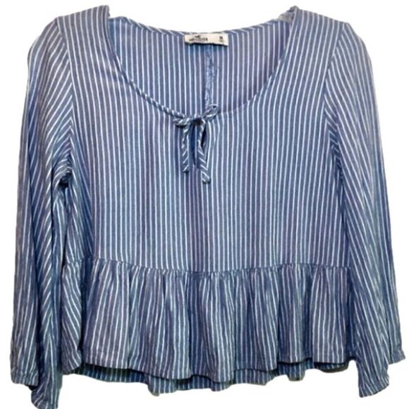 Hollister Striped Cropped Peplum Top in Blue/White Women’s Medium - Picture 2 of 5
